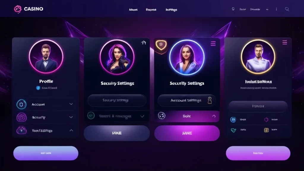 Pannello profilo account in un casinò scuro con impostazioni di sicurezza
